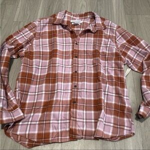 Amazon Essentials Women's Pink and Brown Plaid Shirt